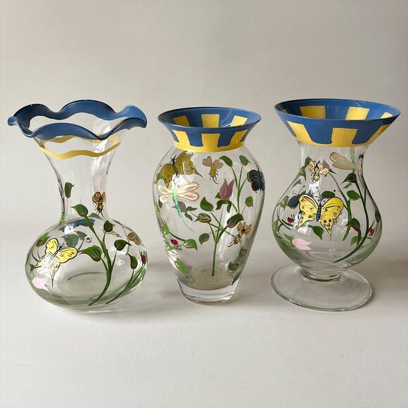 Vintage Lenox Butterfly Meadow Hand Painted Glass Vases Set of 3 - Picture 1 of 5